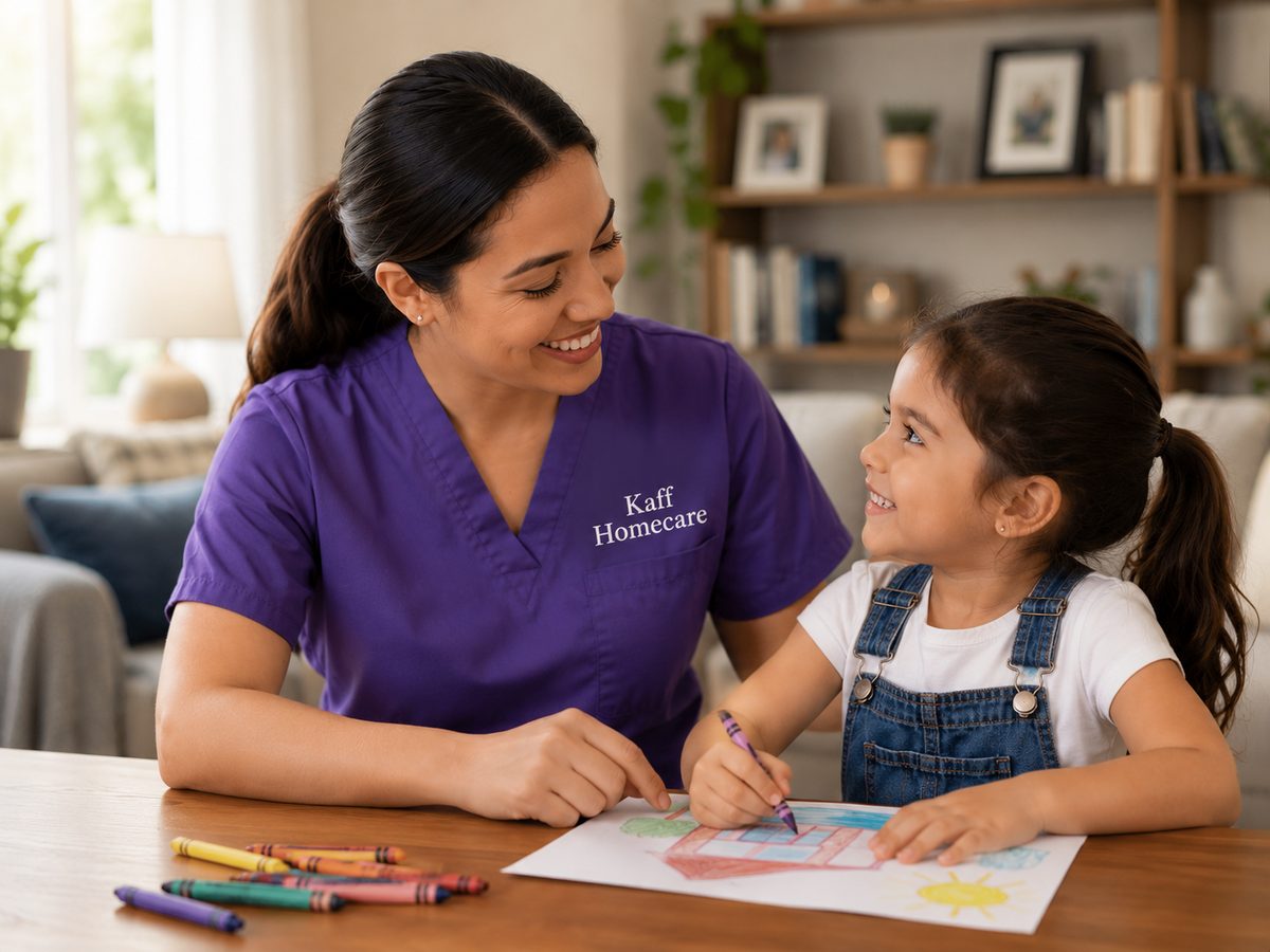 A Kaff Homecare nurse smiling with a young child coloring together during an in-home visit